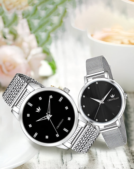 Cristello Couple Watch Set – Silver Mesh Strap, Black Dial